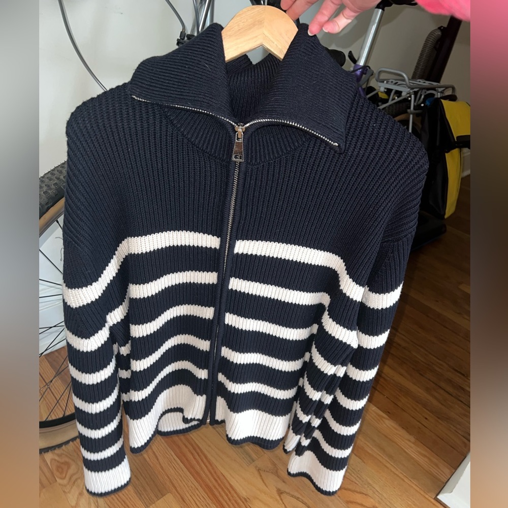 Zippered Strip Knit Cardigan